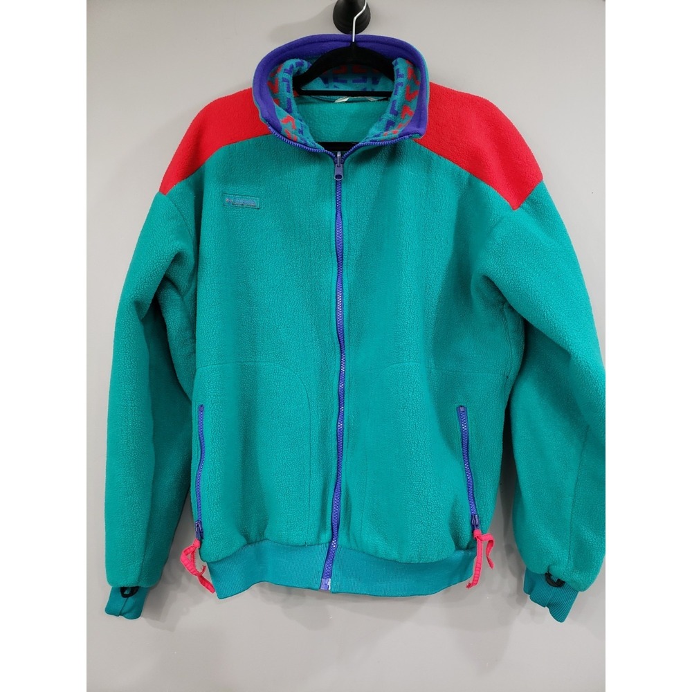 Vintage Columbia Jacket Mens Large Blue Teal Fleece‎ Aztec Collar Retro USA 90s